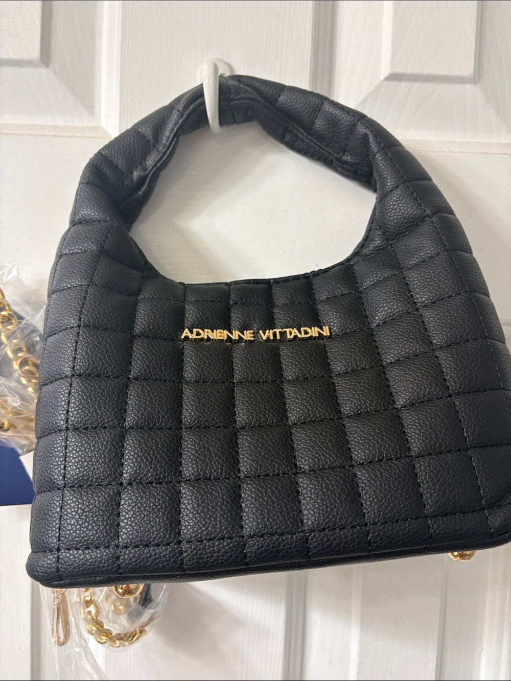 Adrienne Vittadini Black Quilted Shoulder Bag with Gold Logo